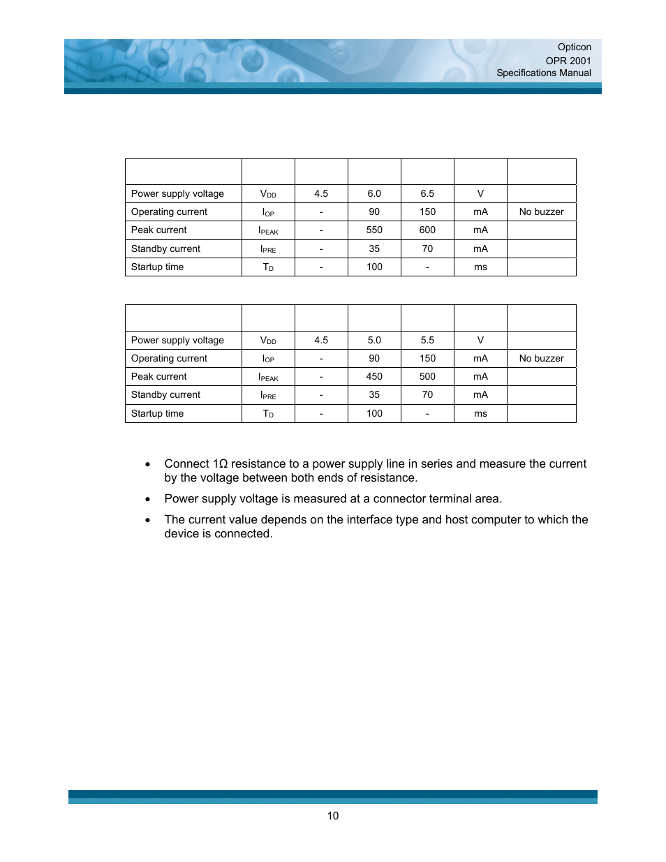 Electrical specifications, Rs-232c, Usb, wedge | Opticon OPR 2001 User Manual | Page 10 / 42