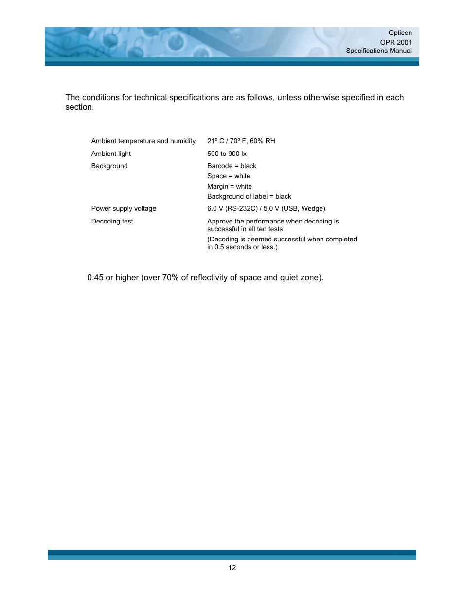 Technical specifications | Opticon OPR 2001 User Manual | Page 12 / 42