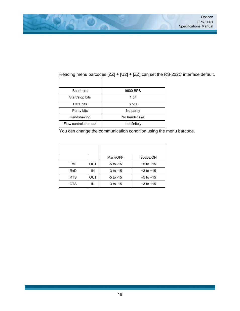 Interface specifications | Opticon OPR 2001 User Manual | Page 18 / 42