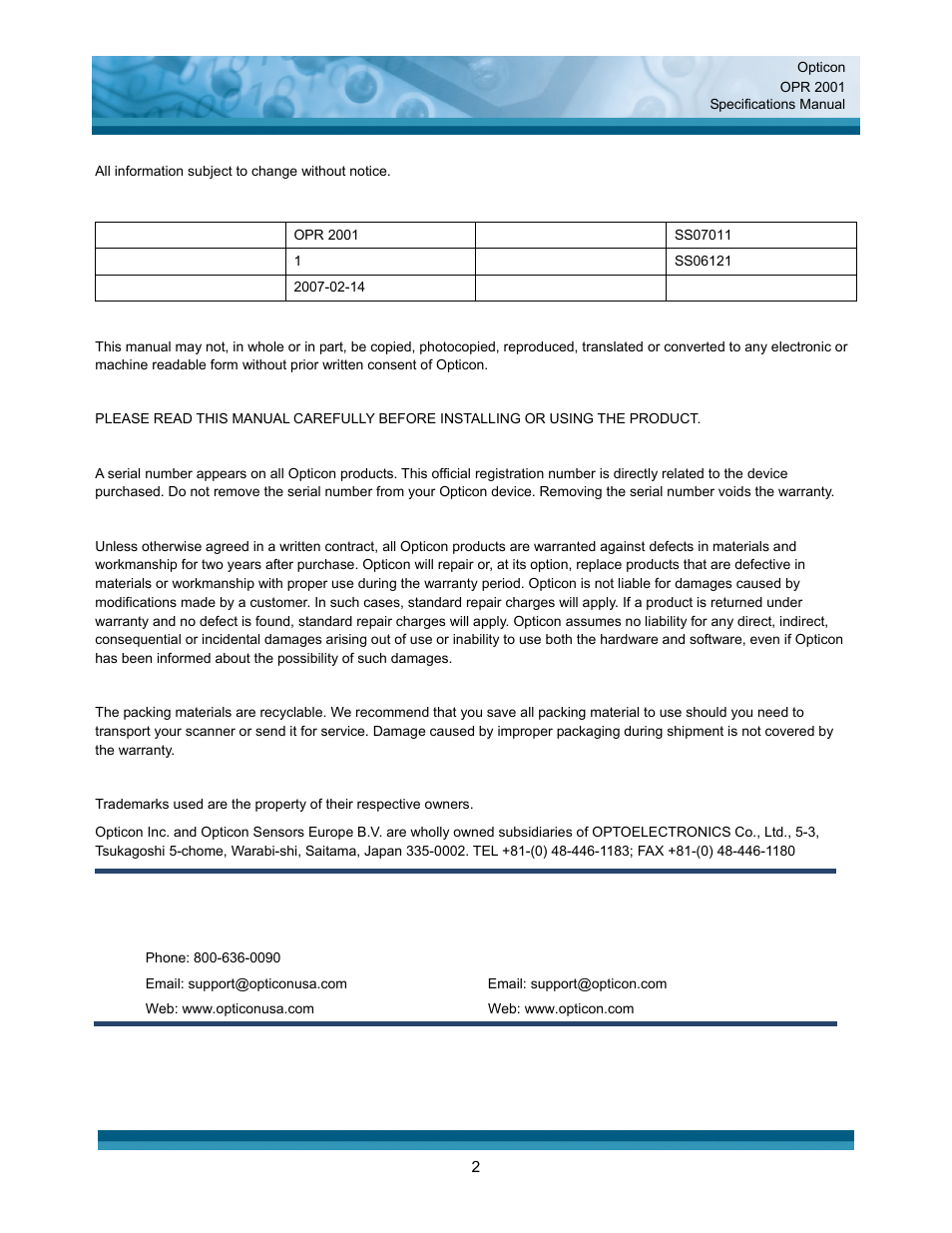 Opticon OPR 2001 User Manual | Page 2 / 42