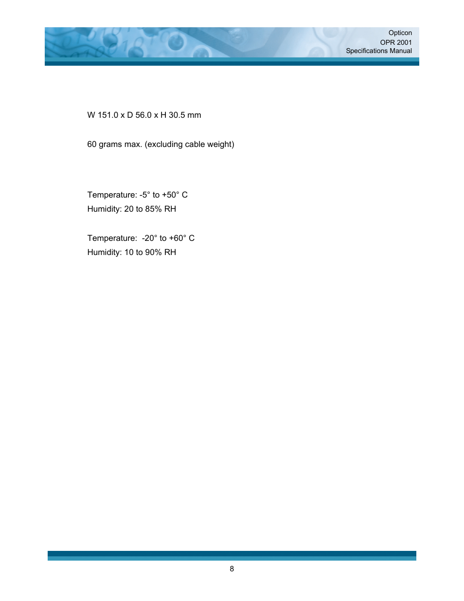 Physical features, Environmental specifications | Opticon OPR 2001 User Manual | Page 8 / 42