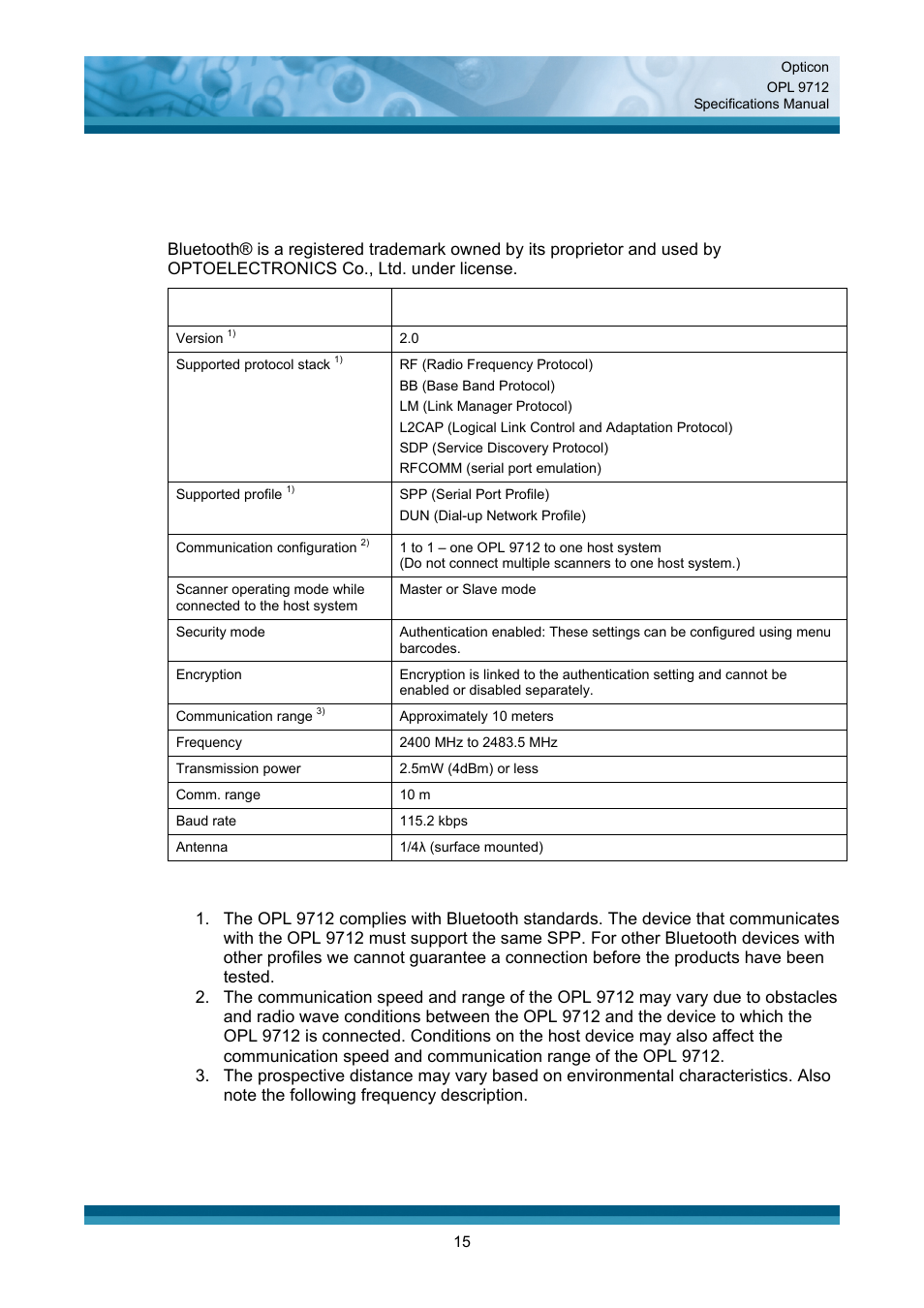 Interface specifications, Bluetooth specifications | Opticon OPL 9712 User Manual | Page 15 / 27