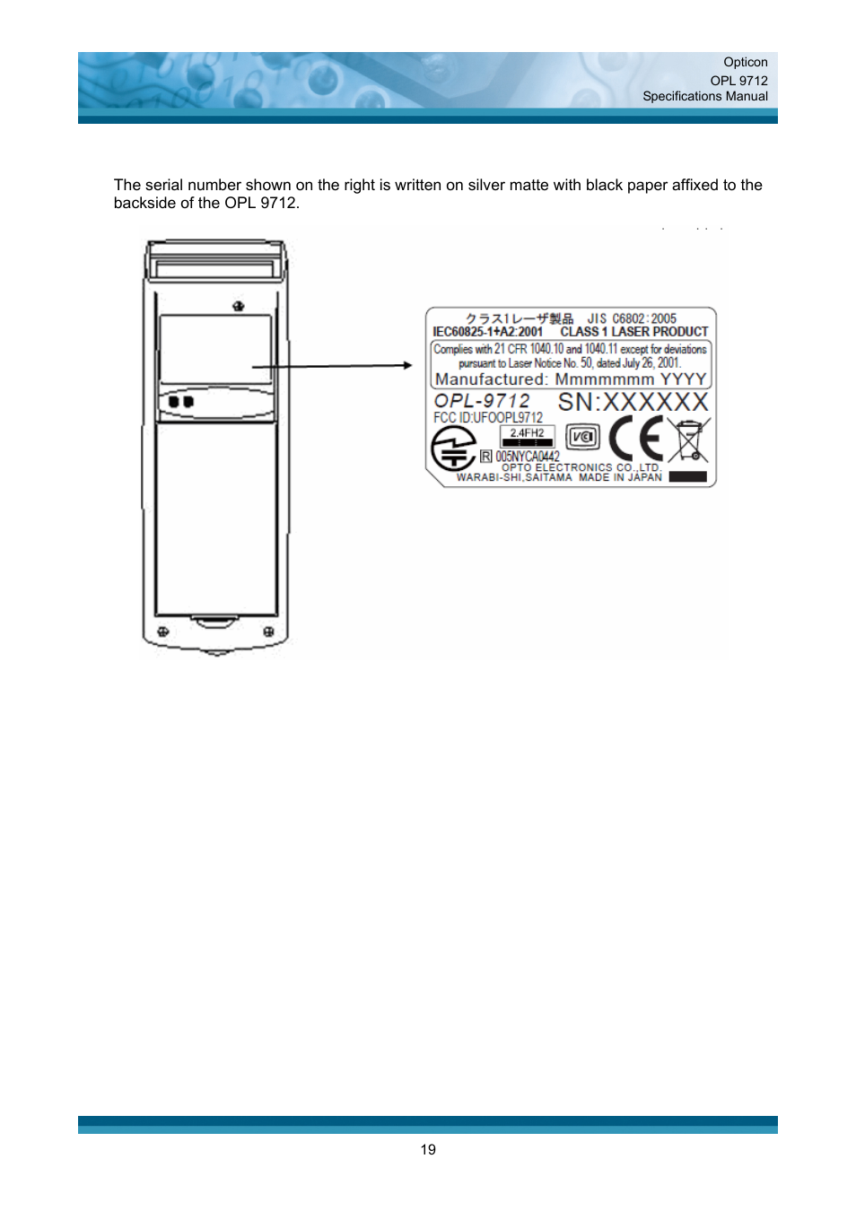 Serial number | Opticon OPL 9712 User Manual | Page 19 / 27