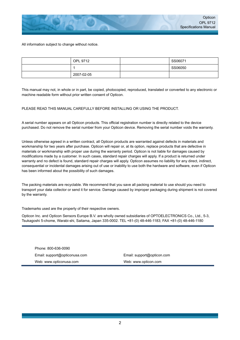 Document history, Copyright 2007 opticon. all rights reserved, Limited warranty and disclaimers | Serial number, Warranty, Packaging, Trademarks, Support | Opticon OPL 9712 User Manual | Page 2 / 27