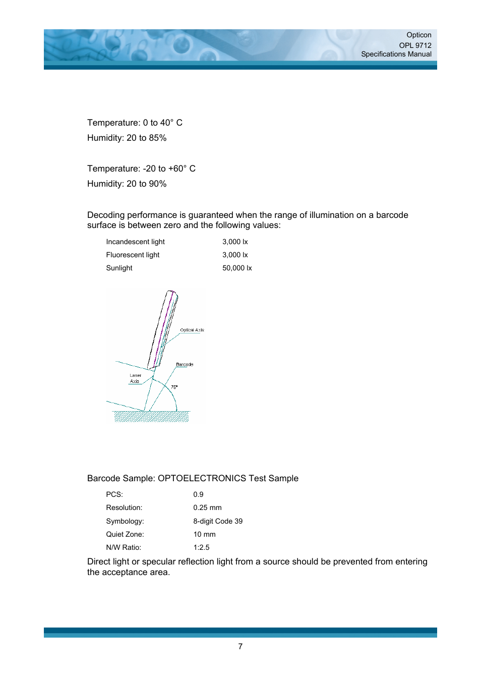 Environmental specifications | Opticon OPL 9712 User Manual | Page 7 / 27