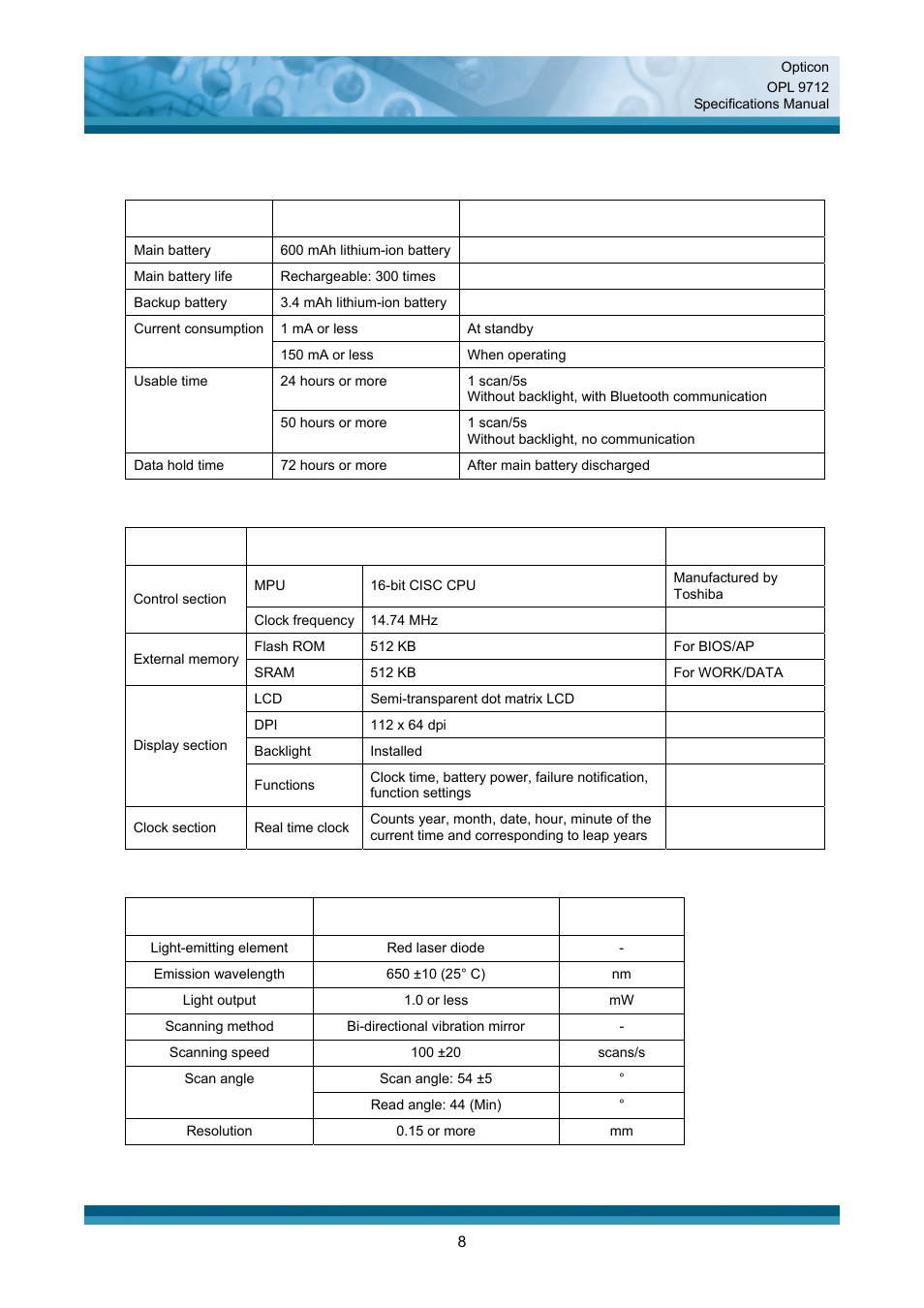 Electrical specifications, Functionality, Optical specifications | Opticon OPL 9712 User Manual | Page 8 / 27