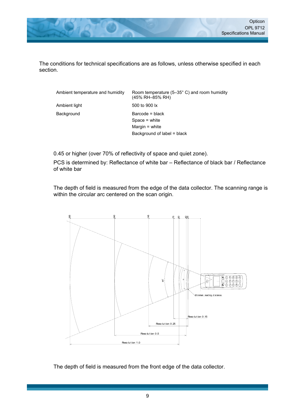 Technical specifications, Print contrast signal (pcs), Scan area and resolution | Opticon opl 9712 specifications manual, Figure 3: the depth of field | Opticon OPL 9712 User Manual | Page 9 / 27