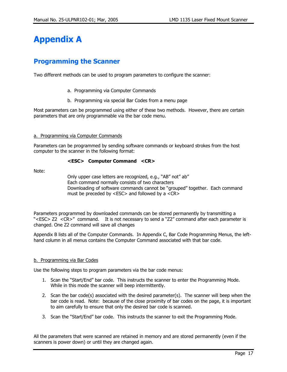Appendix a, Programming the scanner | Opticon LMD 1135 User Manual | Page 21 / 73