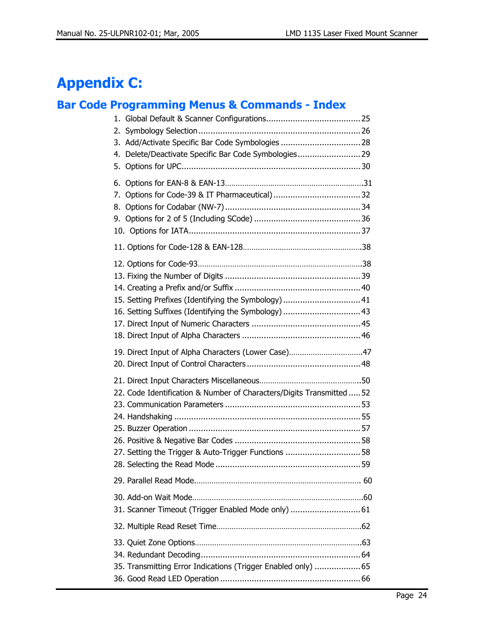 Appendix c, Bar code programming menus & commands - index | Opticon LMD 1135 User Manual | Page 28 / 73