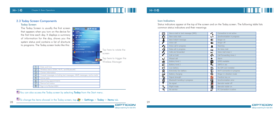 3 today screen components | Opticon H-16 User Manual | Page 15 / 79