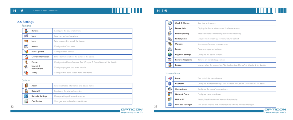 5 settings | Opticon H-16 User Manual | Page 17 / 79