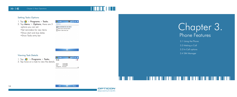 Chapter, Phone features | Opticon H-16 User Manual | Page 28 / 79