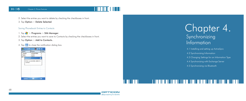 Chapter, Synchronizing information | Opticon H-16 User Manual | Page 35 / 79