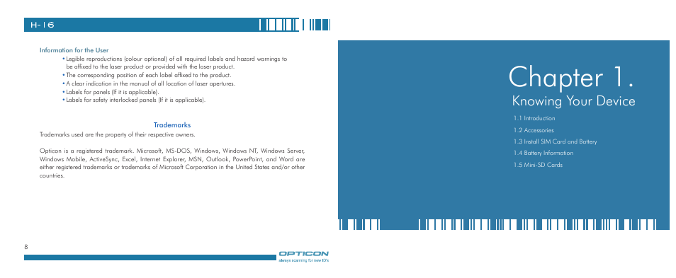 Chapter 1, Knowing your device | Opticon H-16 User Manual | Page 5 / 79