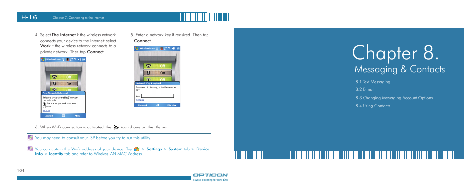 Chapter 8, Messaging & contacts | Opticon H-16 User Manual | Page 53 / 79