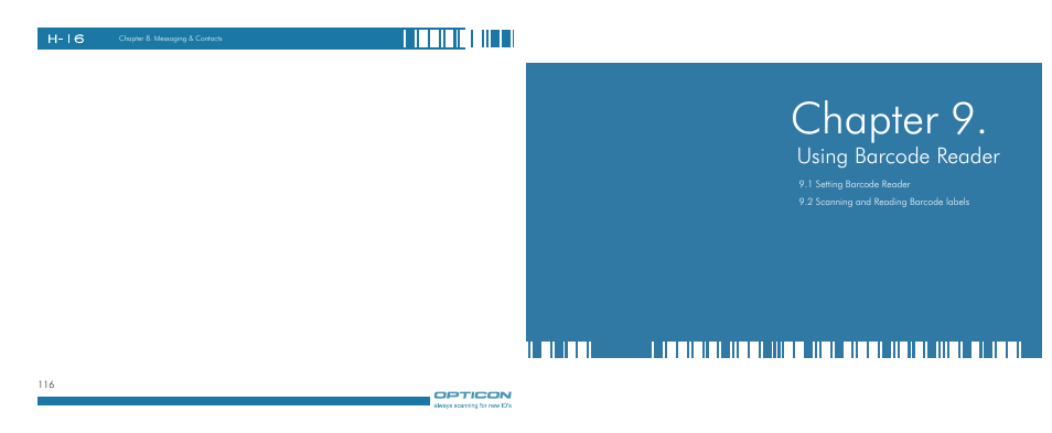 Chapter 9, Using barcode reader | Opticon H-16 User Manual | Page 59 / 79