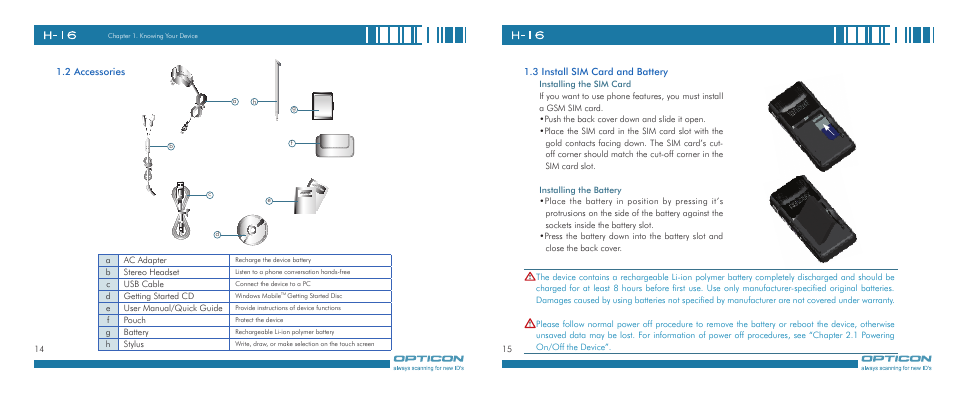 2 accessories, 3 install sim card and battery | Opticon H-16 User Manual | Page 8 / 79