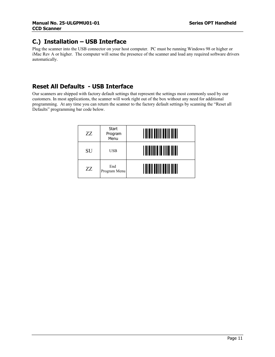 C.\) installation – usb interface, Reset all defaults - usb interface, Start | Start program menu, C. installation – usb interface | Opticon OPT-6125 User Manual | Page 11 / 65