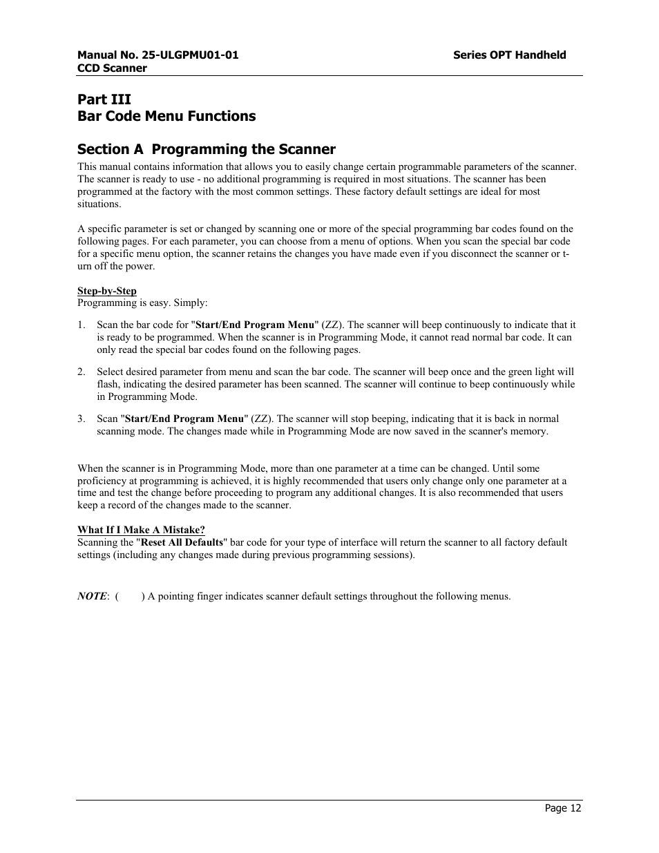 Part iii bar code menu functions, Section a programming the scanner | Opticon OPT-6125 User Manual | Page 12 / 65