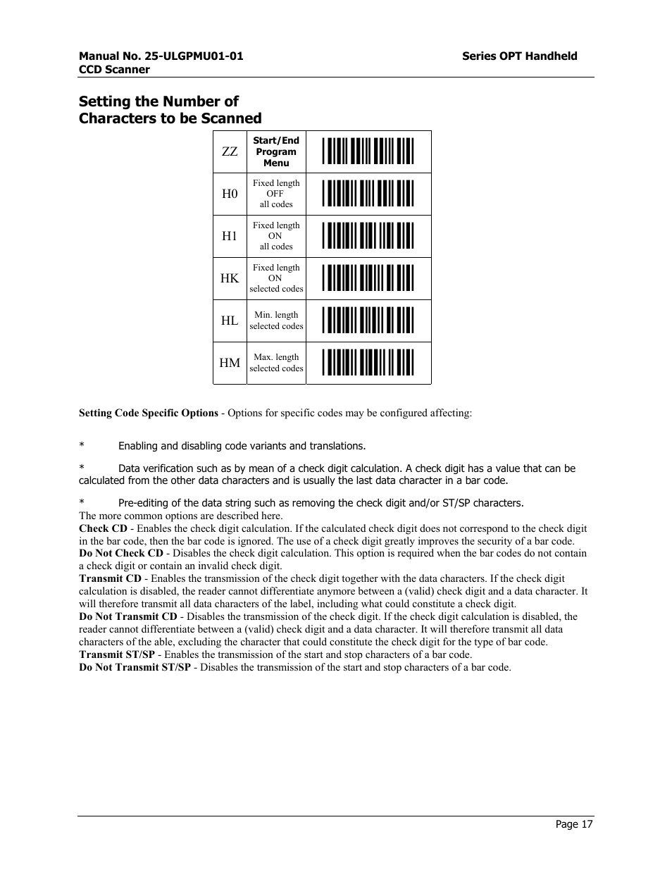 Setting the number of characters to be scanned, Start/end program menu, I1- β | Opticon OPT-6125 User Manual | Page 17 / 65