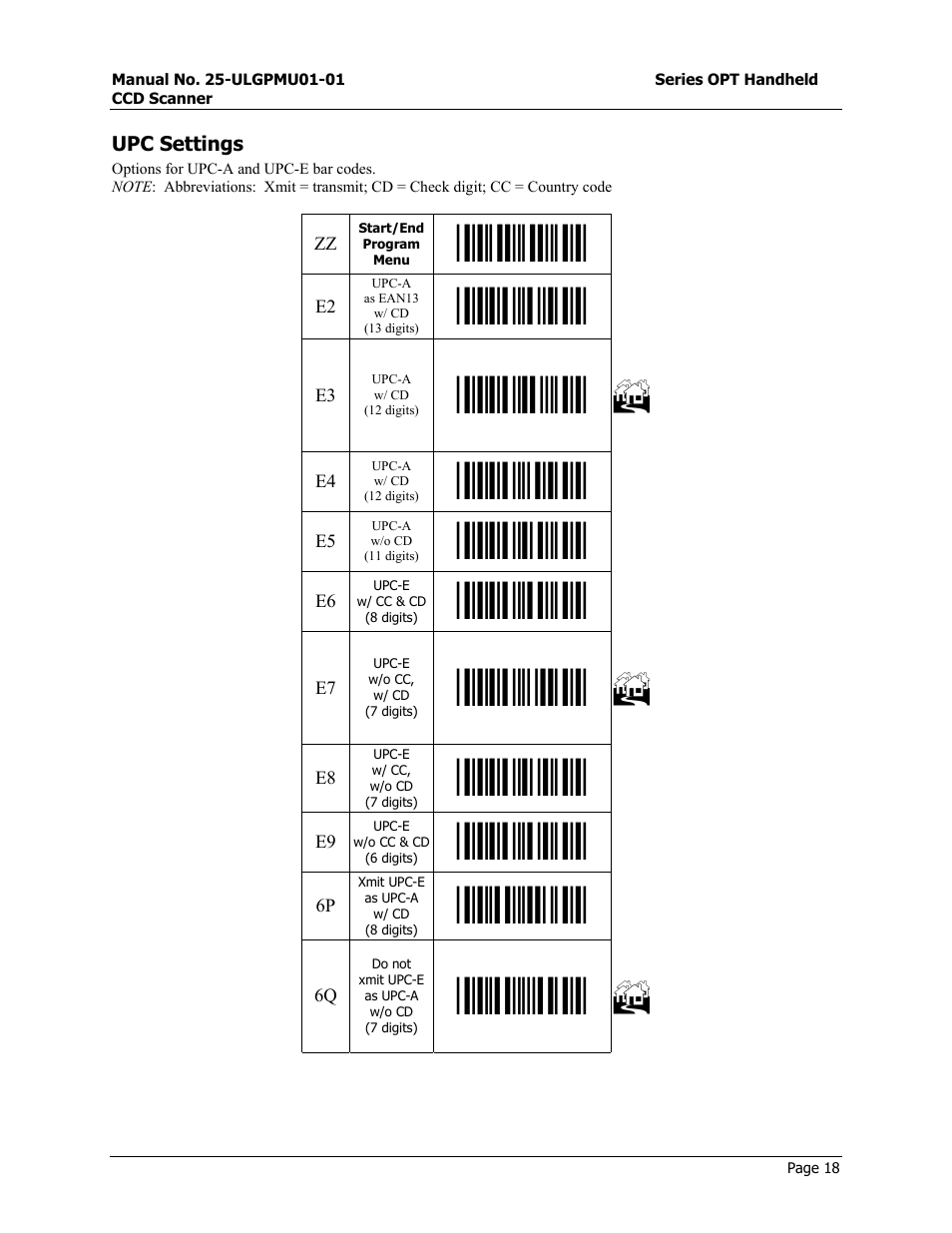 Upc settings, Start/end program menu, Upc-e w/ cc & cd (8 digits) | Upc-e w/o cc, w/ cd (7 digits), Upc-e w/ cc, w/o cd (7 digits), Upc-e w/o cc & cd (6 digits), Xmit upc-e as upc-a w/ cd (8 digits), Do not xmit upc-e as upc-a w/o cd (7 digits) | Opticon OPT-6125 User Manual | Page 18 / 65