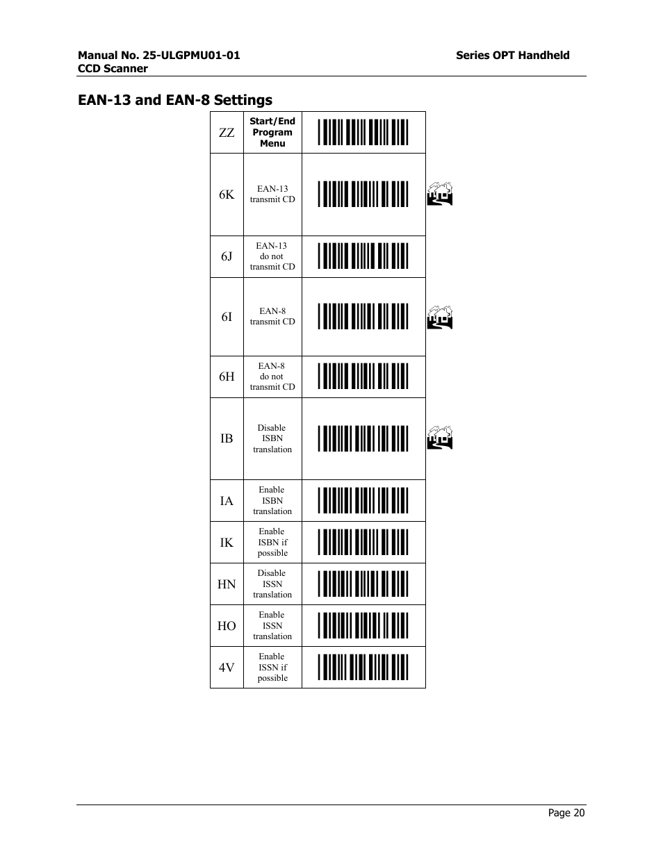 Ean-13 and ean-8 settings, Start/end program menu, Io- β | Opticon OPT-6125 User Manual | Page 20 / 65