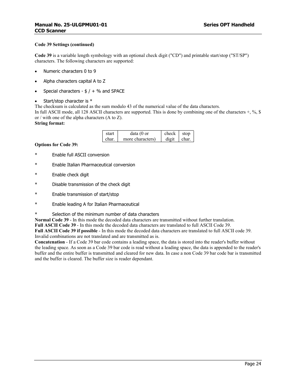 Codabar settings, Start/end program menu | Opticon OPT-6125 User Manual | Page 24 / 65