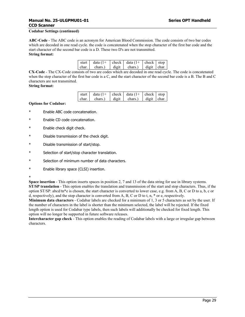 Msi/plessey settings, Start/end program menu | Opticon OPT-6125 User Manual | Page 29 / 65