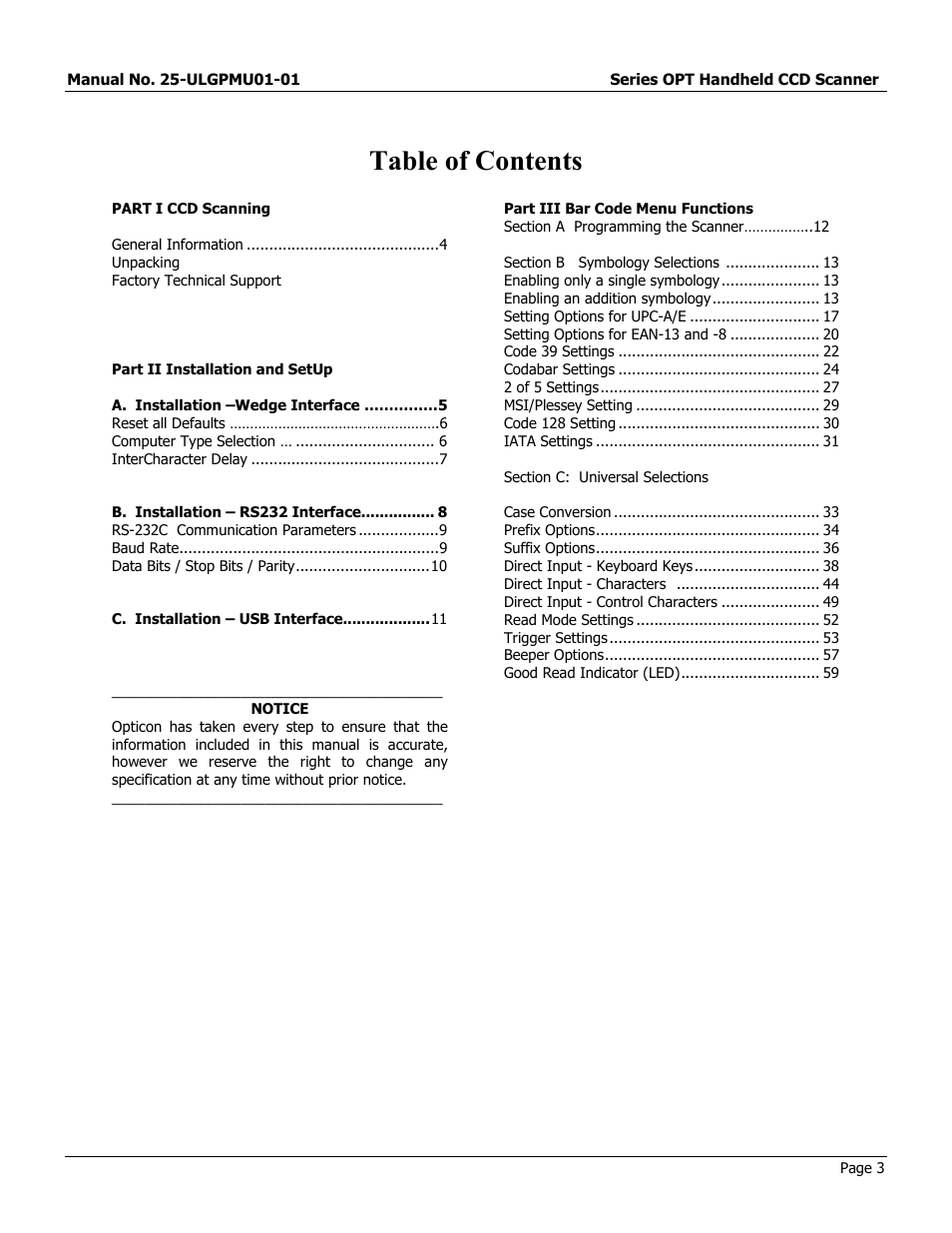 Opticon OPT-6125 User Manual | Page 3 / 65