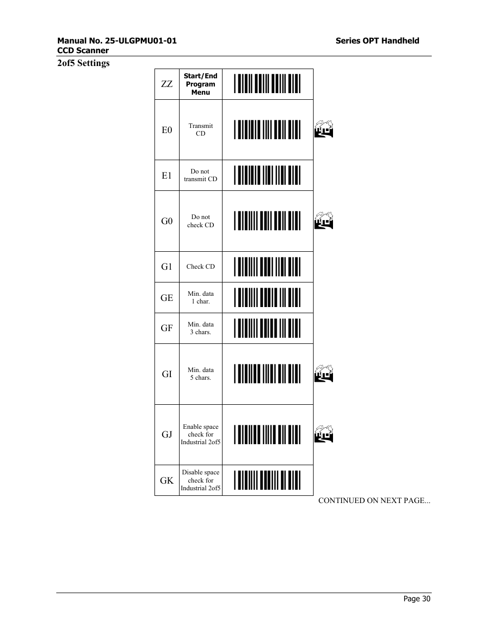 Code 128, ean 128 settings, Start/end program menu | Opticon OPT-6125 User Manual | Page 30 / 65