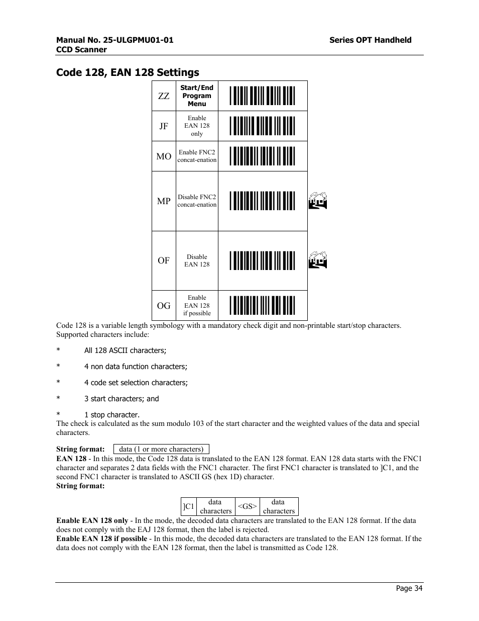 Setting a prefix or suffix, Prefix settings, Start/end program menu | Opticon OPT-6125 User Manual | Page 34 / 65