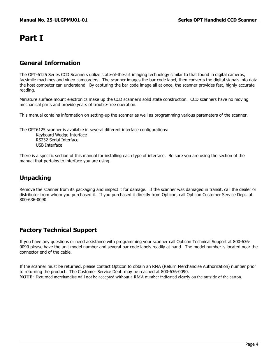 Part i, General information, Unpacking | Factory technical support | Opticon OPT-6125 User Manual | Page 4 / 65