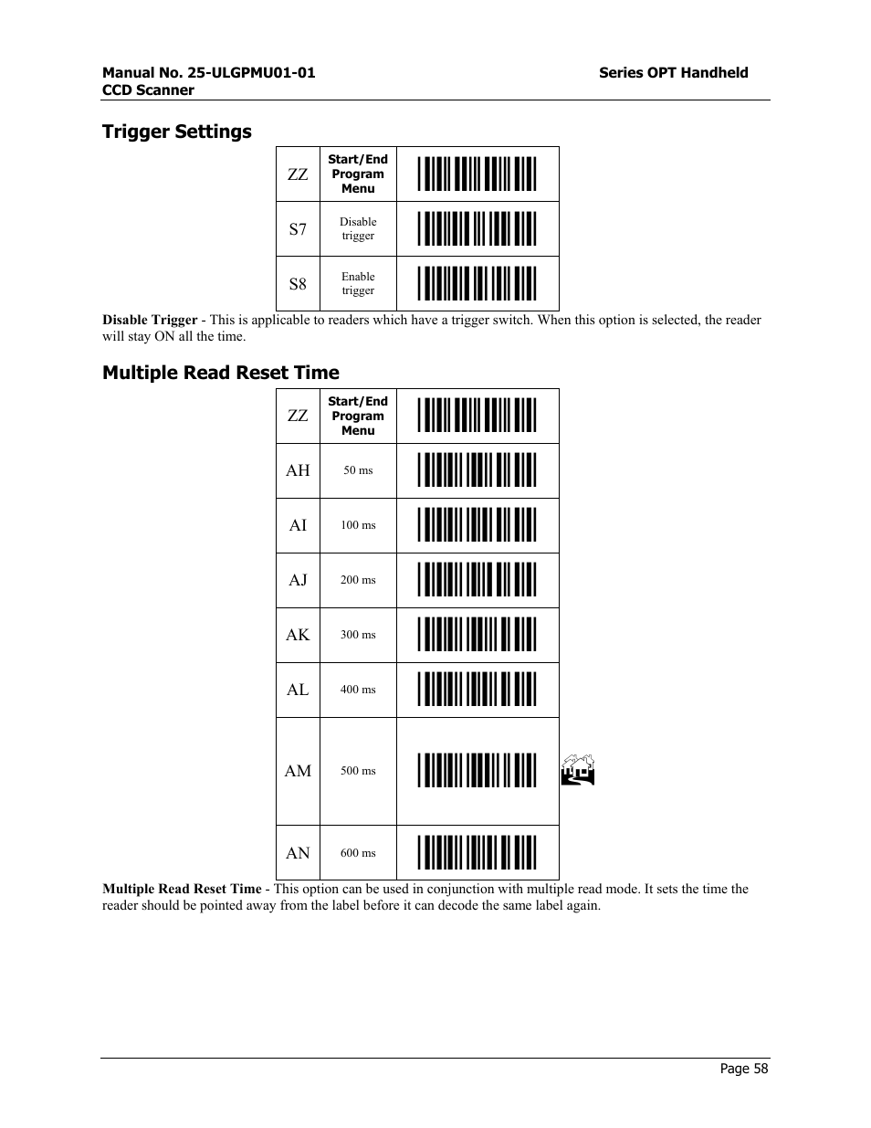 Start/end program menu | Opticon OPT-6125 User Manual | Page 58 / 65