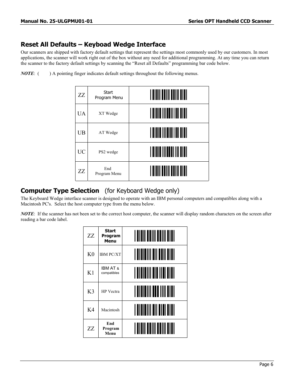 Reset all defaults – keyboad wedge interface, Start, Start program menu | Computer type selection (for keyboard wedge only), Computer type selection, L3- β | Opticon OPT-6125 User Manual | Page 6 / 65