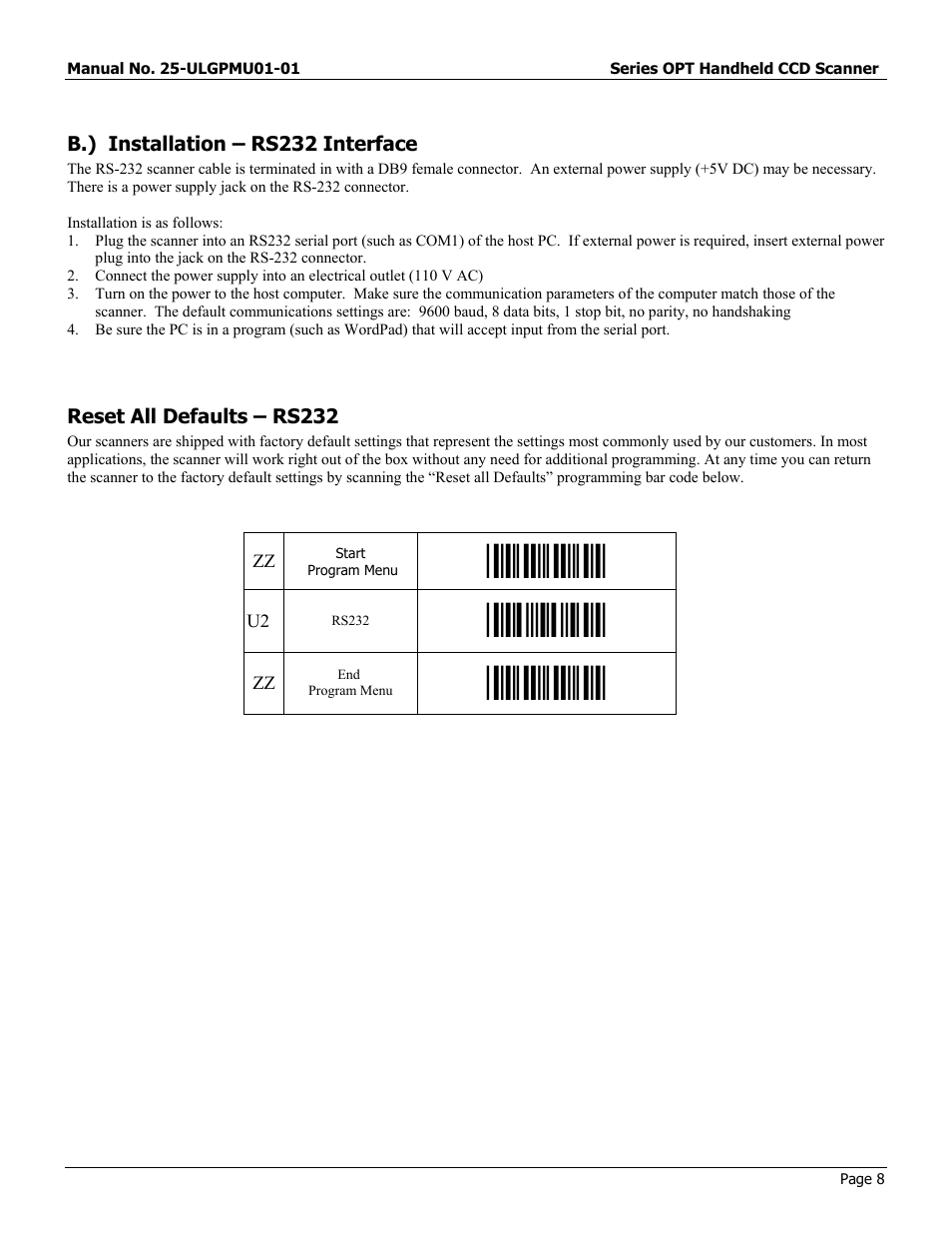 B.\) installation – rs232 interface, Reset all defaults – rs232, Start | Start program menu | Opticon OPT-6125 User Manual | Page 8 / 65