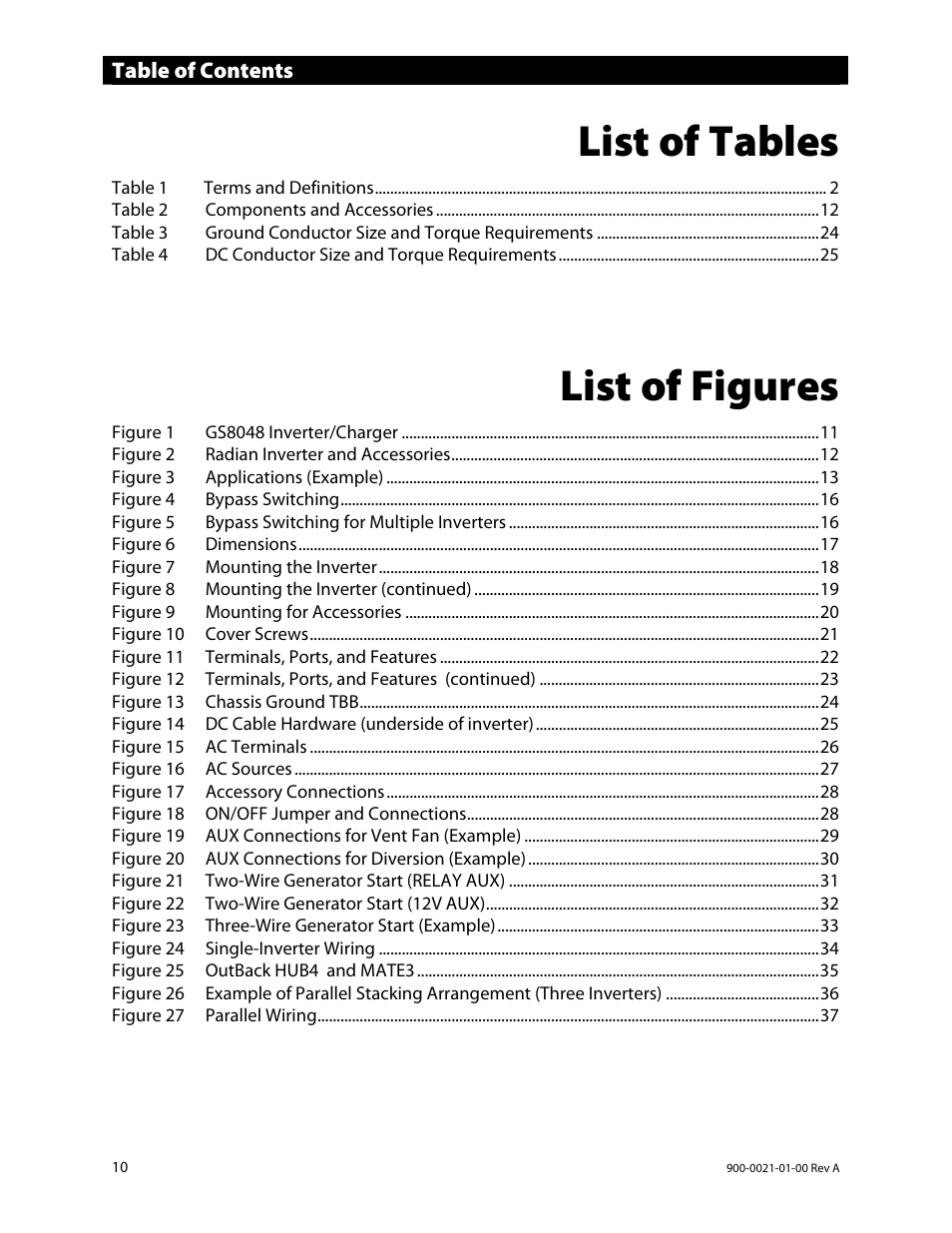 List of tables, List of figures | Outback Power Systems GS8048 User Manual | Page 12 / 44