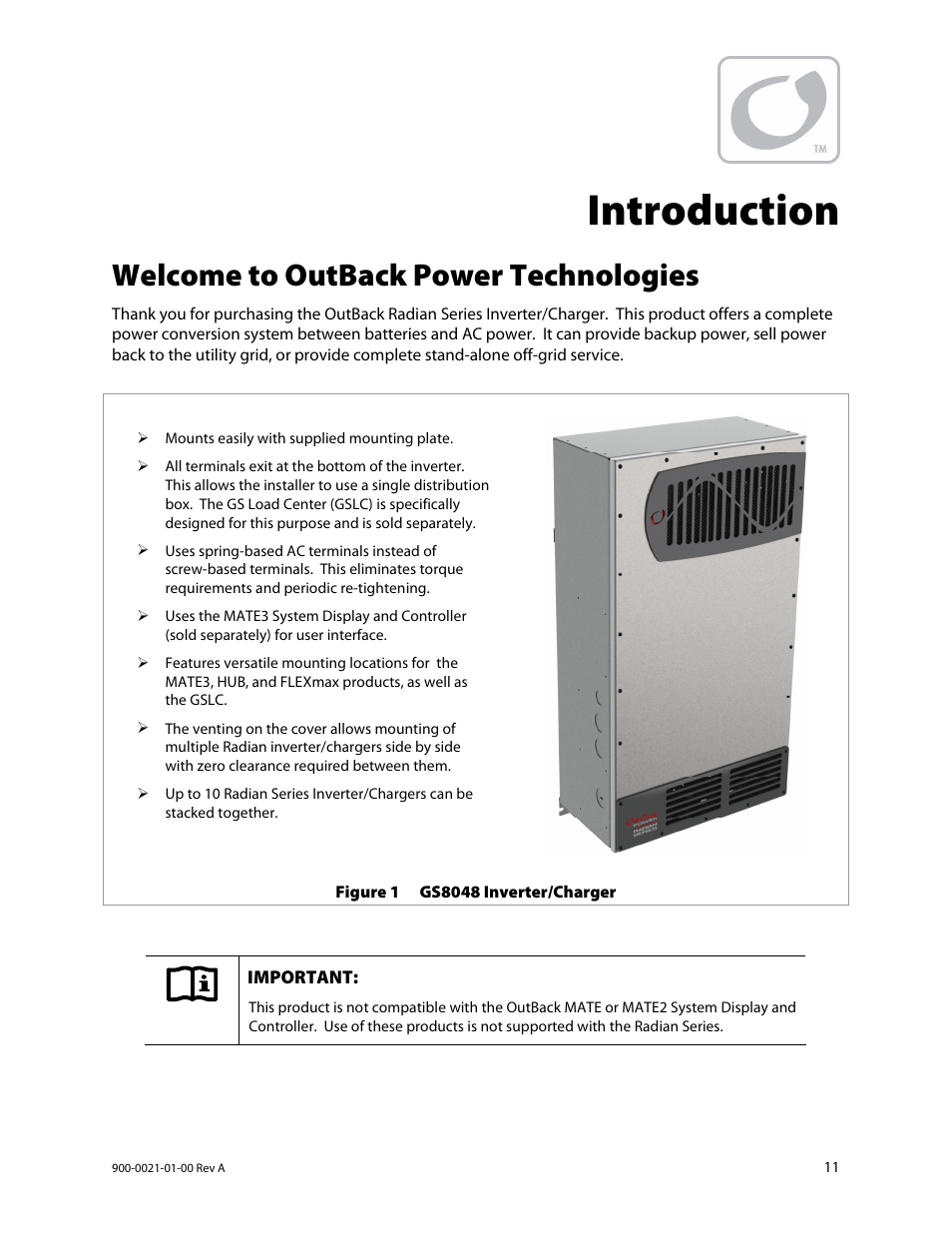 Introduction, Welcome to outback power technologies | Outback Power Systems GS8048 User Manual | Page 13 / 44