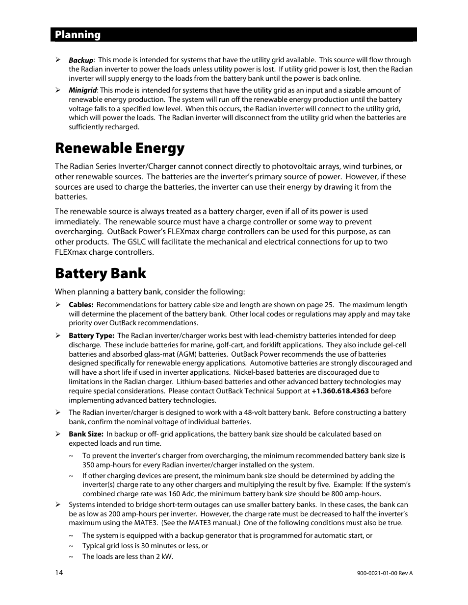 Renewable energy, Battery bank, Planning | Outback Power Systems GS8048 User Manual | Page 16 / 44