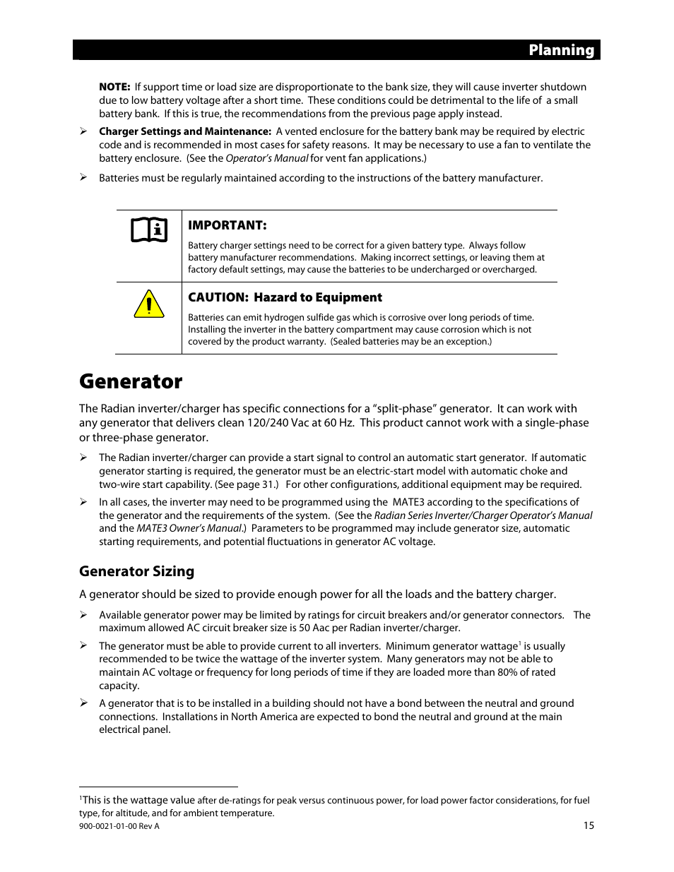 Generator, Planning, Generator sizing | Outback Power Systems GS8048 User Manual | Page 17 / 44