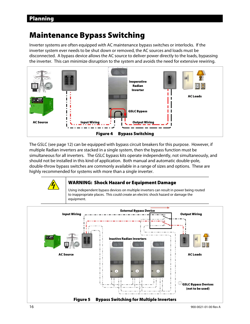 Maintenance bypass switching, Planning, Warning: shock hazard or equipment damage | Outback Power Systems GS8048 User Manual | Page 18 / 44