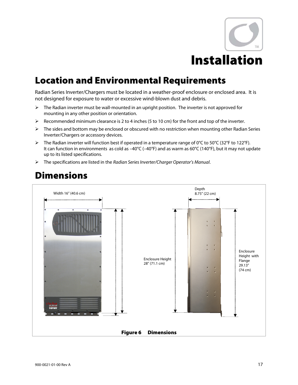 Installation, Location and environmental requirements, Dimensions | Outback Power Systems GS8048 User Manual | Page 19 / 44