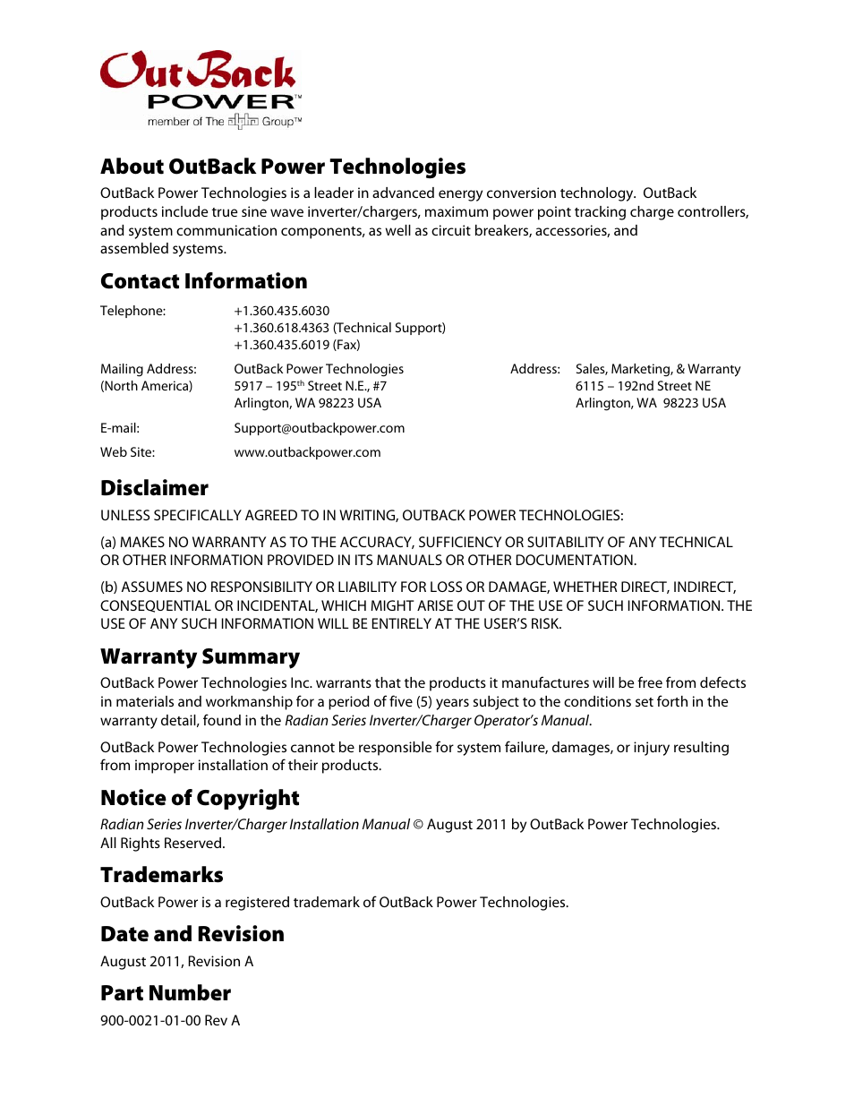 About outback power technologies, Contact information, Disclaimer | Warranty summary, Notice of copyright, Trademarks, Date and revision, Part number | Outback Power Systems GS8048 User Manual | Page 2 / 44