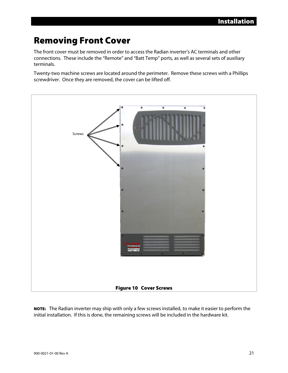 Removing front cover, Installation | Outback Power Systems GS8048 User Manual | Page 23 / 44