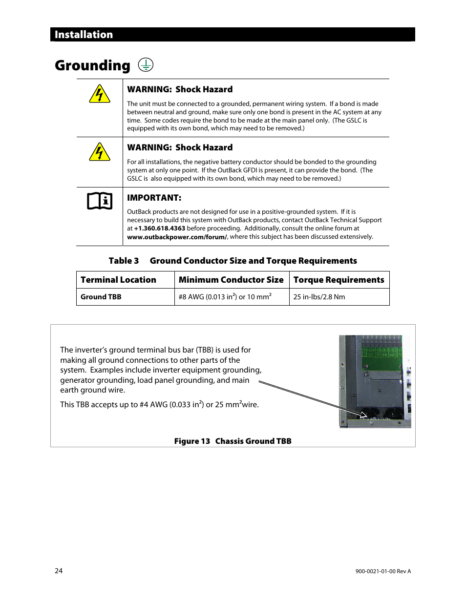 Grounding, Installation | Outback Power Systems GS8048 User Manual | Page 26 / 44