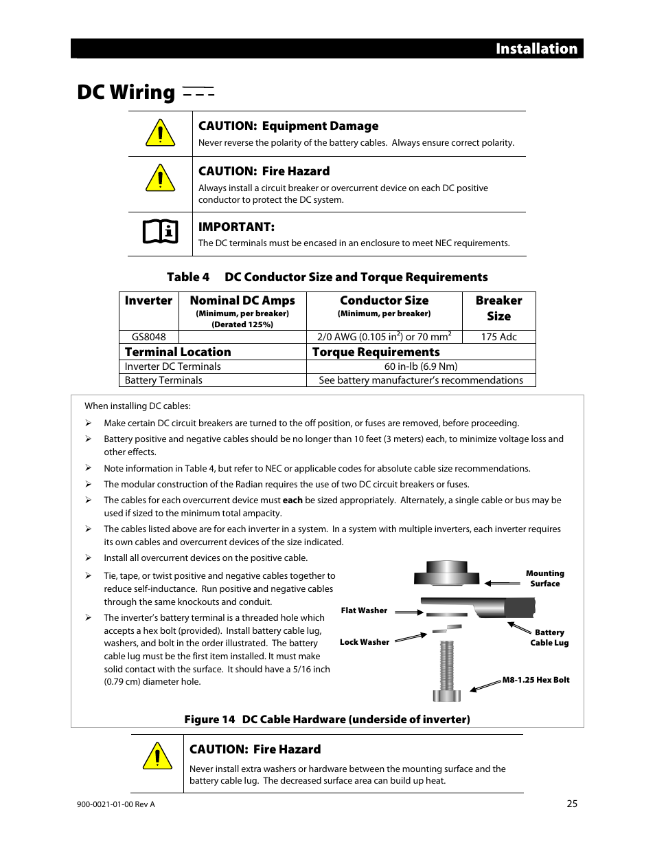 Dc wiring, Installation | Outback Power Systems GS8048 User Manual | Page 27 / 44