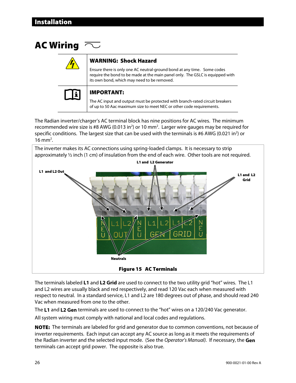 Ac wiring, Installation | Outback Power Systems GS8048 User Manual | Page 28 / 44