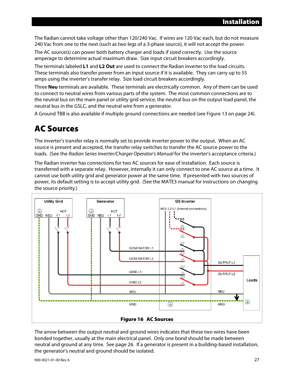 Ac sources, Installation | Outback Power Systems GS8048 User Manual | Page 29 / 44