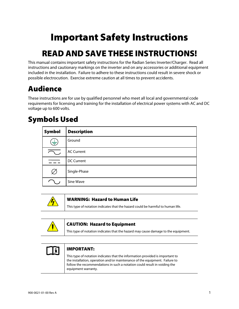 Important safety instructions, Read and save these instructions, Audience | Symbols used | Outback Power Systems GS8048 User Manual | Page 3 / 44