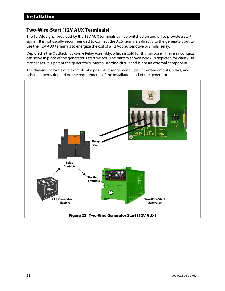 Installation, Two-wire-start (12v aux terminals) | Outback Power Systems GS8048 User Manual | Page 34 / 44