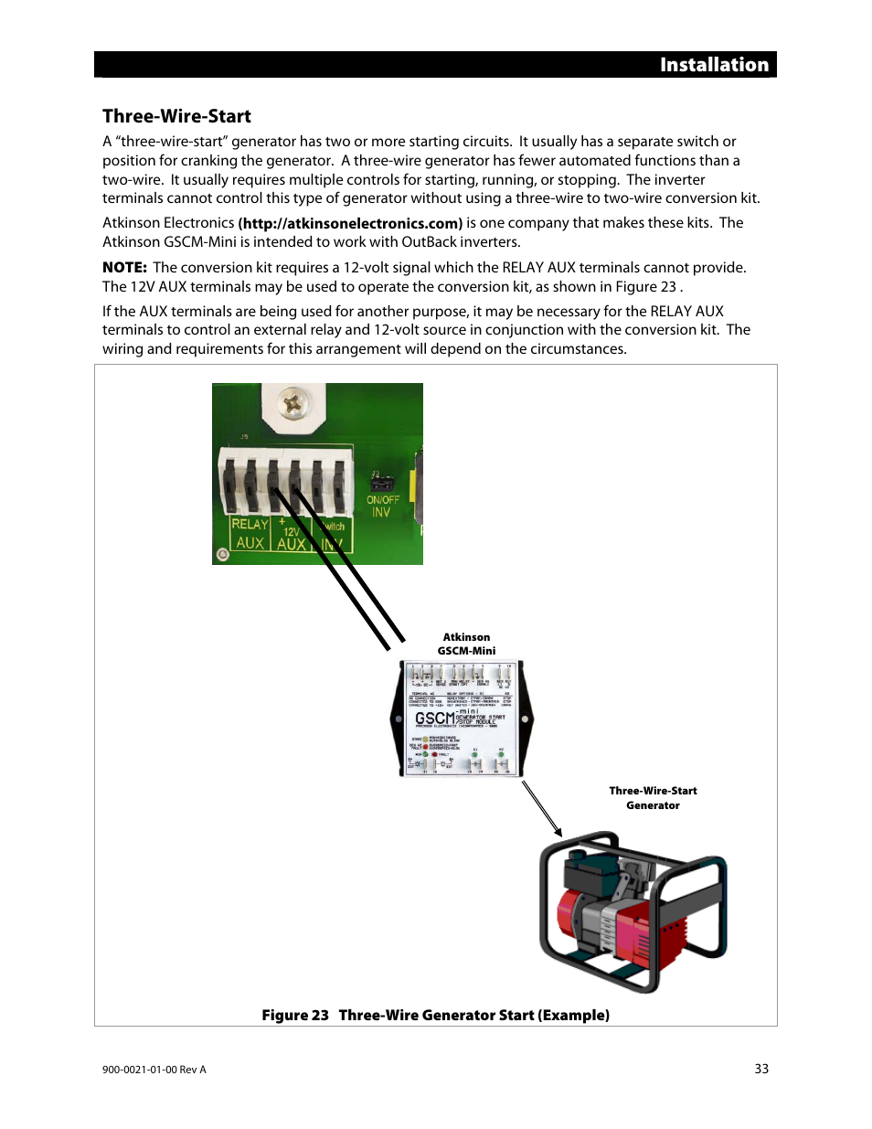 Installation, Three-wire-start | Outback Power Systems GS8048 User Manual | Page 35 / 44